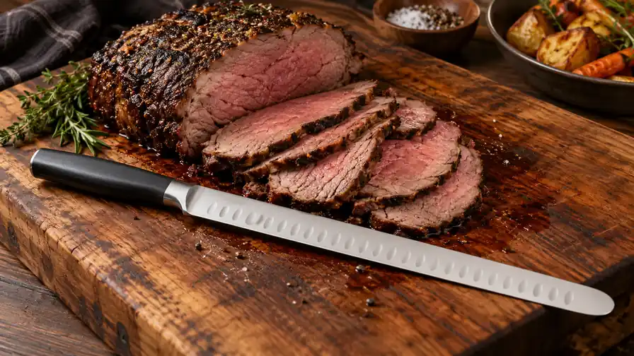 Long granton-edge slicing knife beside even slices of cooked roast beef.
