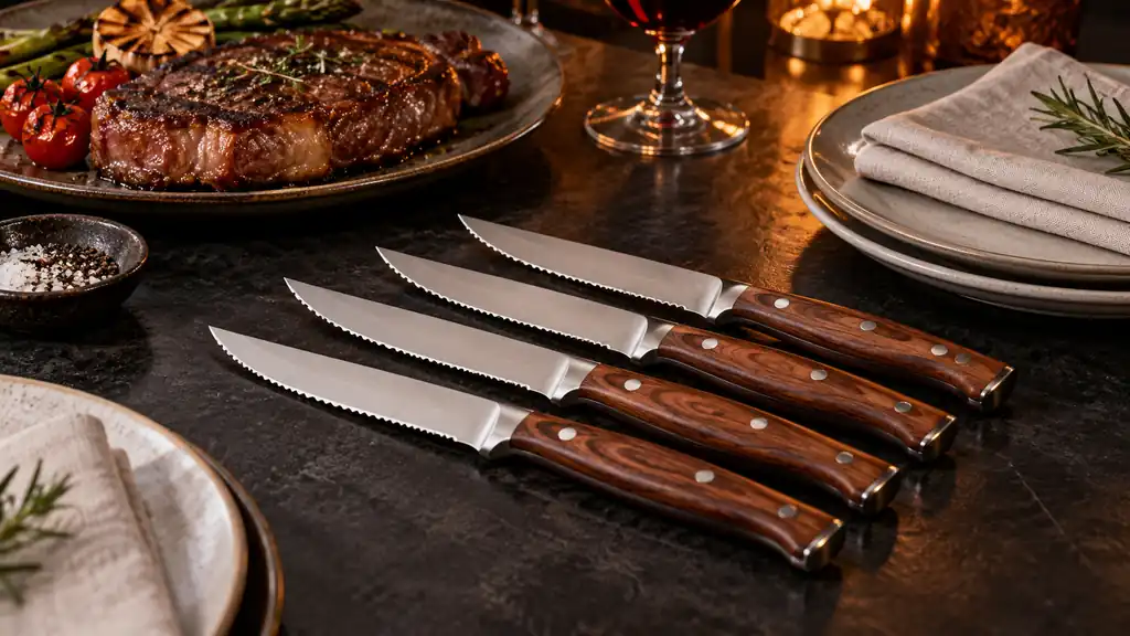Matching steak knives arranged with linen napkins and a cooked steak at the table.