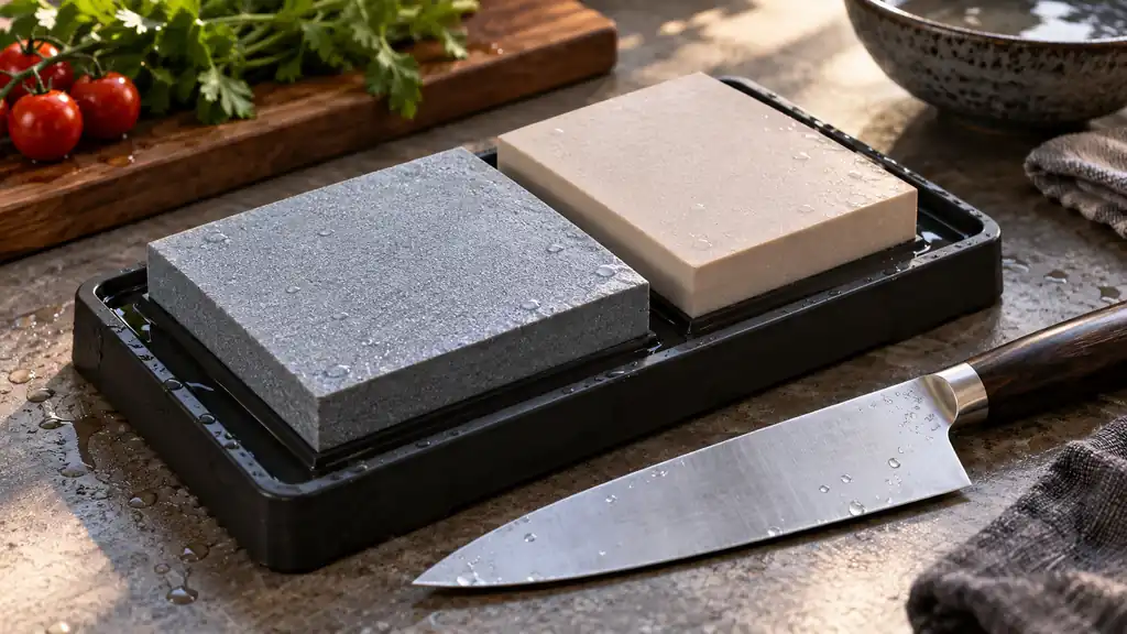 Synthetic water stones on a tray beside a chef knife in a sharpening workspace.