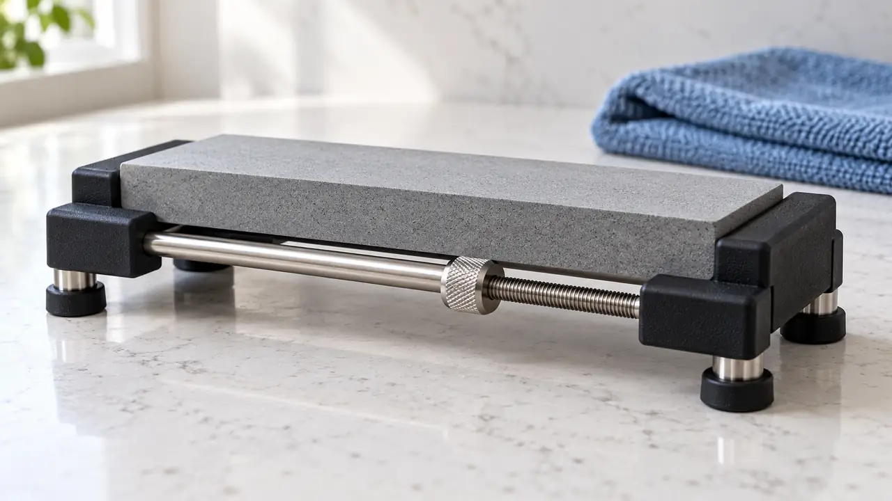 Adjustable whetstone holder with rubber feet supporting a rectangular sharpening stone.