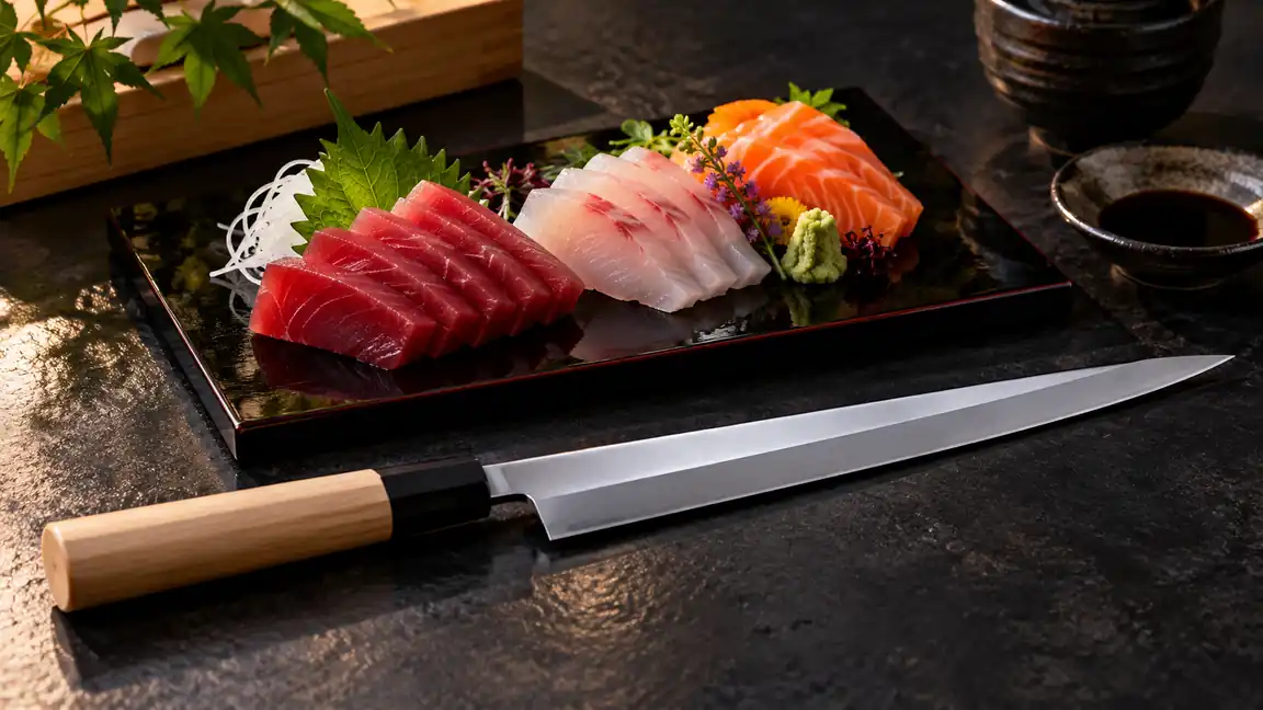 Long yanagiba knife beside thin slices of boneless fish on a dark serving tray.