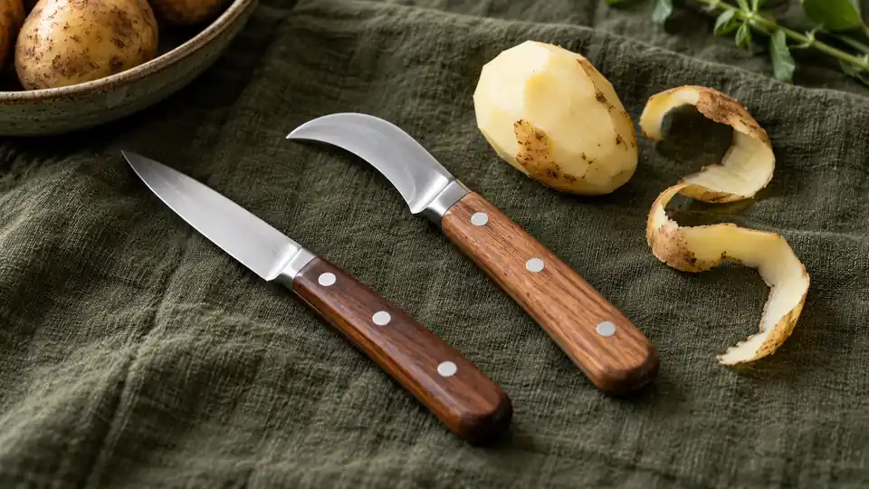 A curved bird’s-beak knife and a straight paring knife shown beside potato peel.