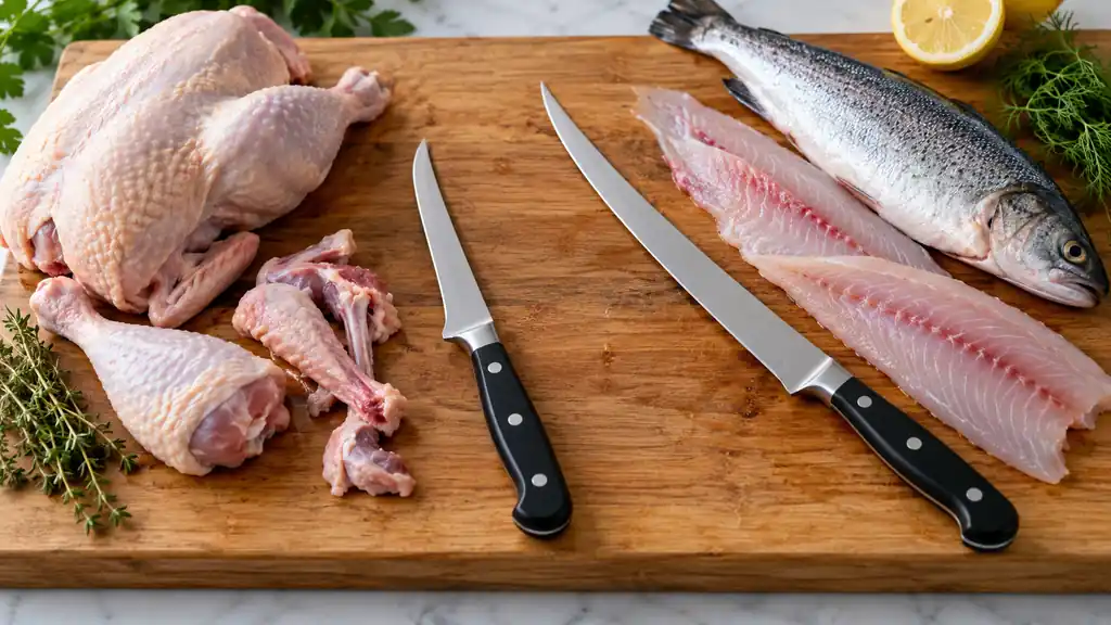 Boning and fish fillet knives shown with poultry and fish to compare their shapes and uses.