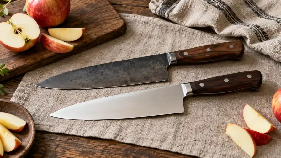 Patinated carbon-steel and bright stainless-steel kitchen knives side by side.