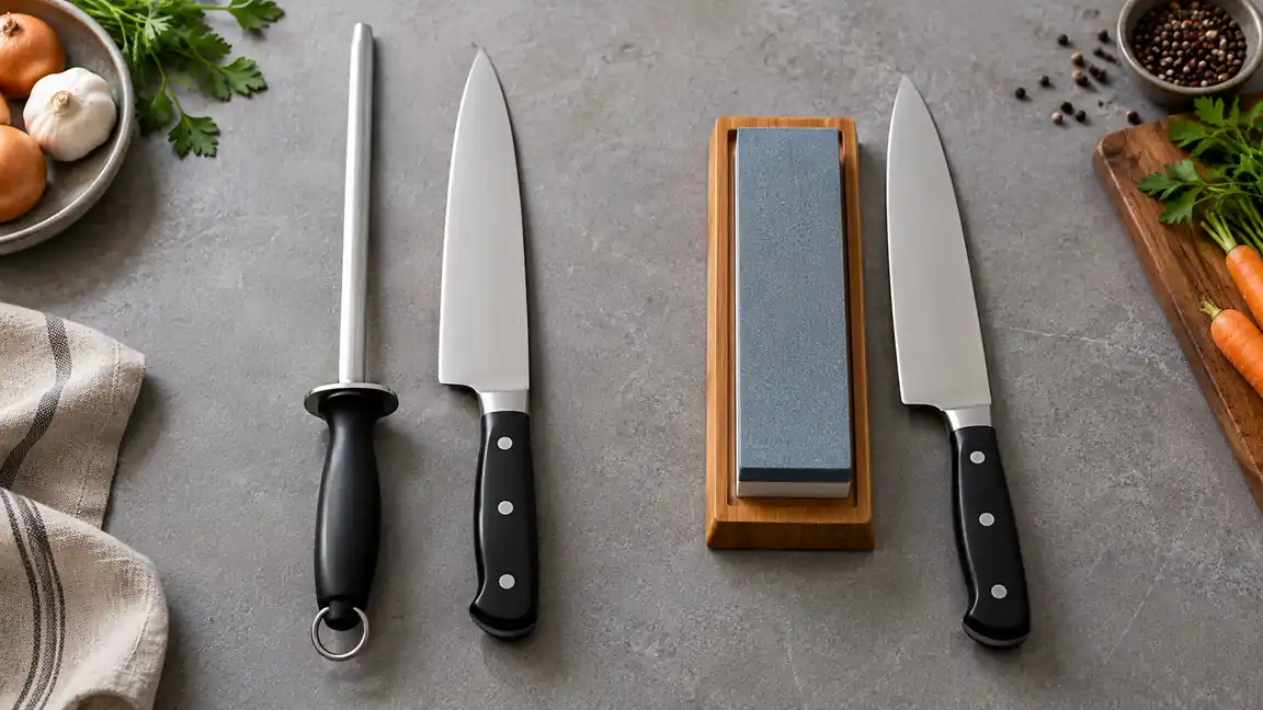 Honing rod and water stone arranged in separate groups to compare knife maintenance tools.