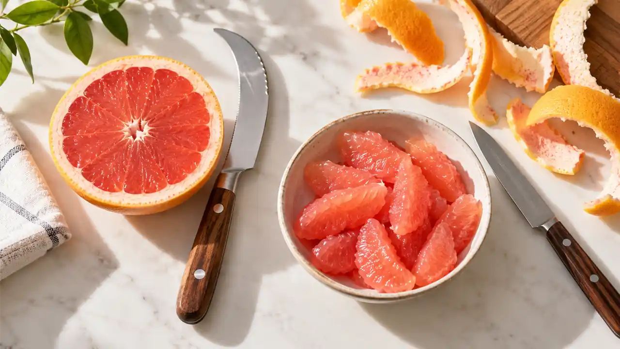 A grapefruit half and peeled grapefruit sections with serving and paring knives.