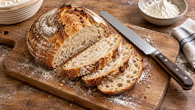 Even slices of baked sourdough beside a serrated bread knife on a wooden board.