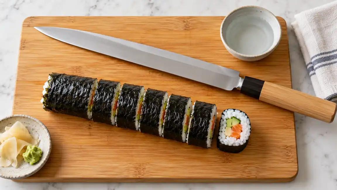 Evenly cut sushi-roll pieces with a long knife, a water bowl and a folded towel nearby.