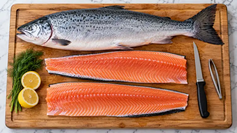 Salmon filleting setup with whole fish, separated fillets, a narrow knife and pin-bone tweezers.