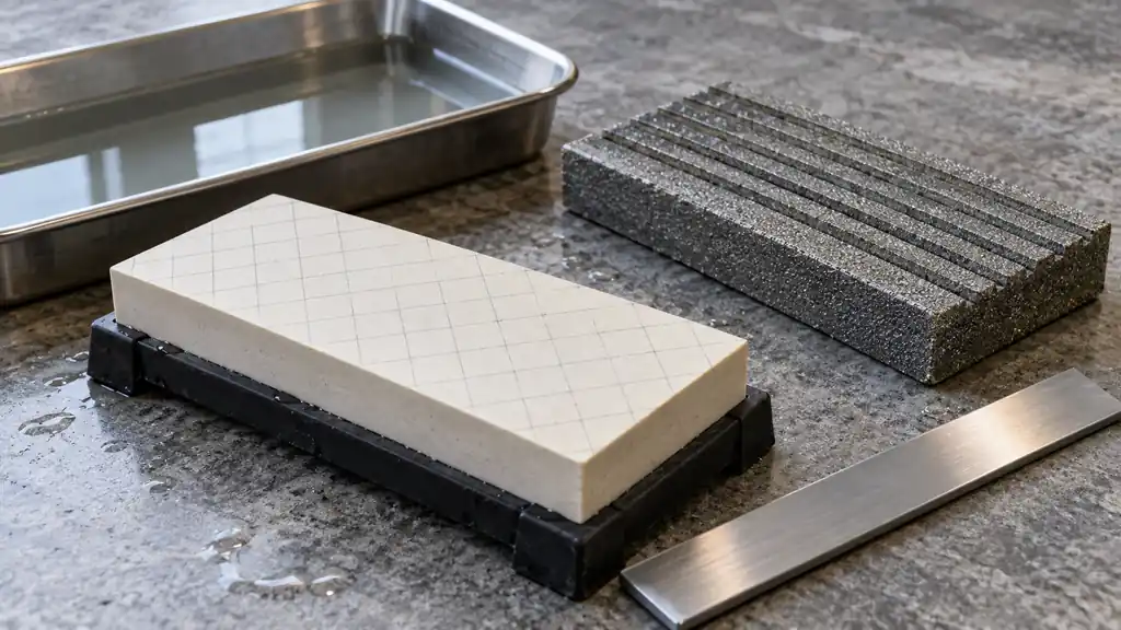 A pencil-marked whetstone, grooved flattening stone and straightedge ready for a flatness check.