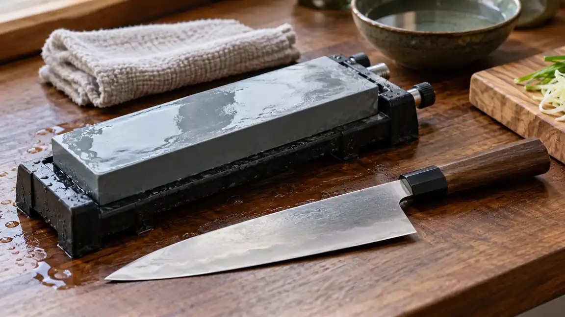 Japanese gyuto beside a wet water stone, stable holder and folded sharpening towel.