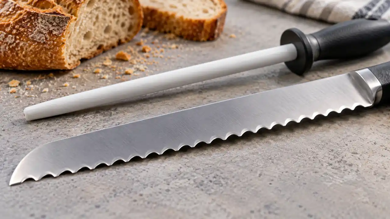A scalloped bread-knife edge and an abrasive sharpening rod shown in close-up.