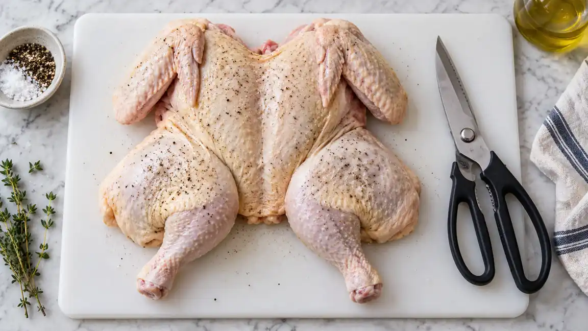Flattened spatchcock chicken on a clean board with poultry shears beside it.