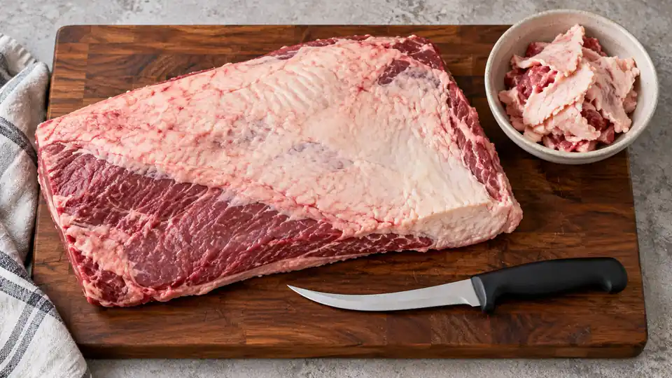Brisket fat-cap trimming setup with a curved knife and neatly collected fat trimmings.