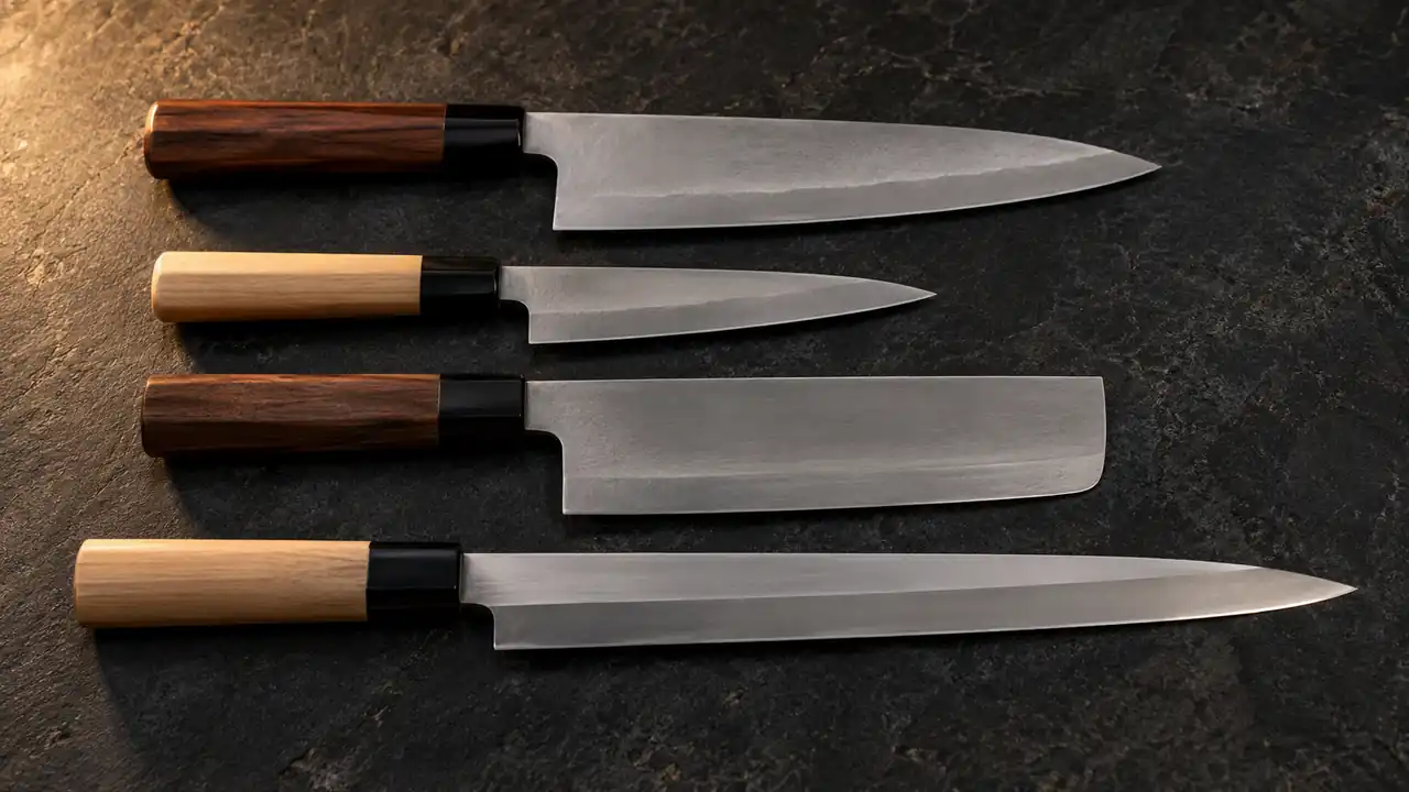 Gyuto, petty, nakiri and yanagiba blade shapes arranged for comparison.