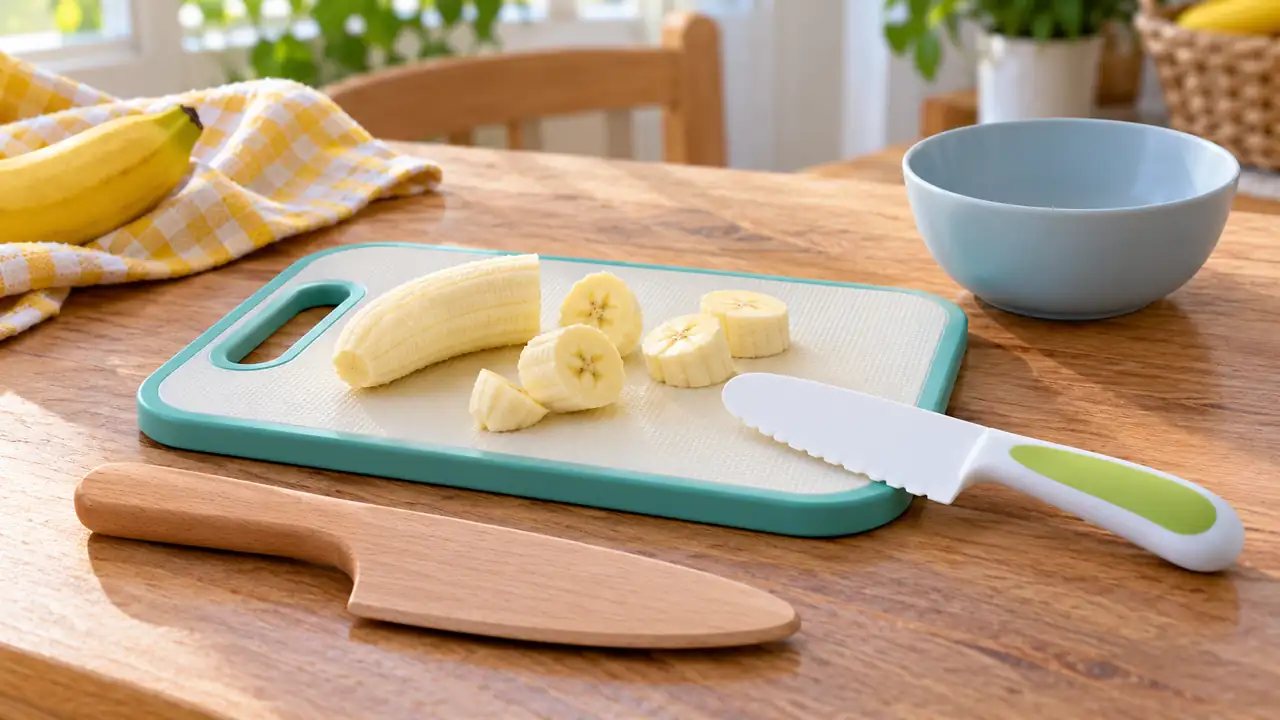 Wooden and nylon children’s kitchen knives beside soft banana pieces on a small cutting board.