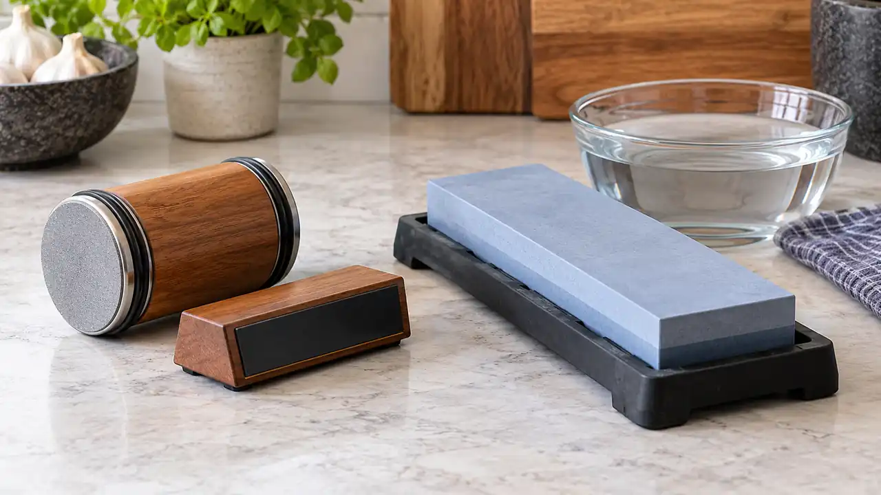 A rolling sharpener and angle support beside a waterstone secured in a holder.