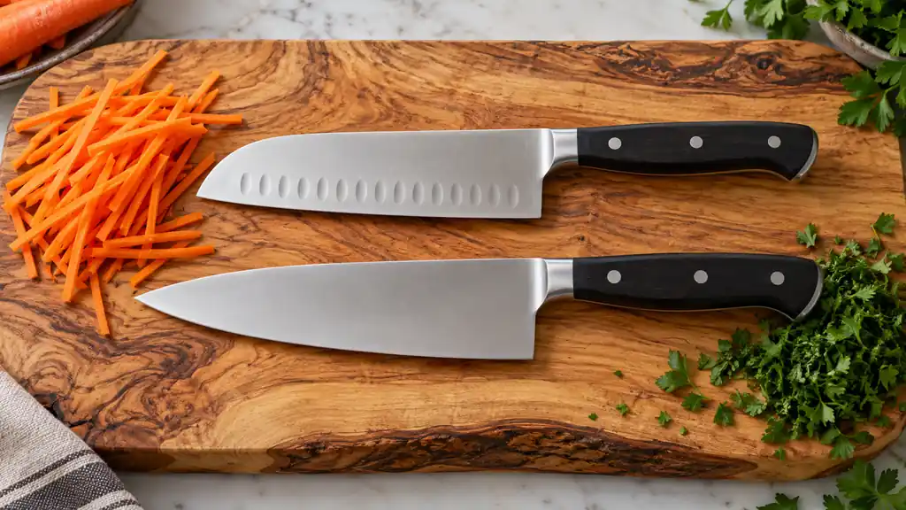 Santoku and Western chef knife side by side with vegetables showing their different blade shapes.