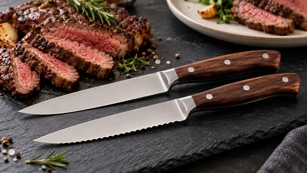 Straight-edge and serrated steak knives displayed together for an edge comparison.