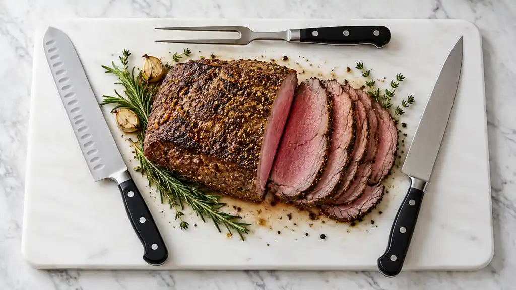 Round-tip slicing knife and pointed carving knife arranged beside a cooked roast.