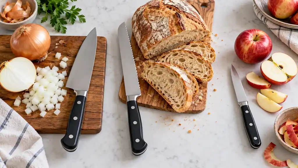 Chef, bread and paring knives arranged with the foods each knife is used to prepare.