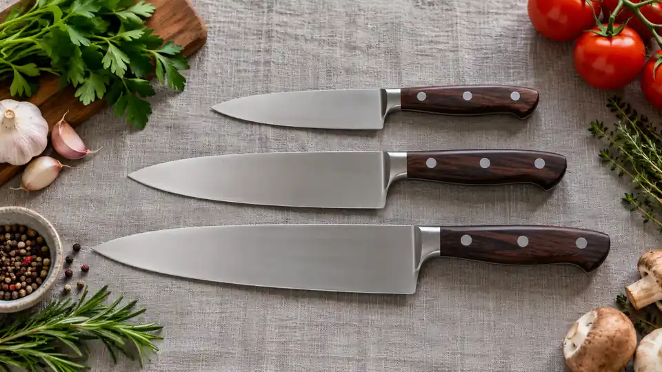 Three chef knives aligned to compare short, medium and long blade lengths.