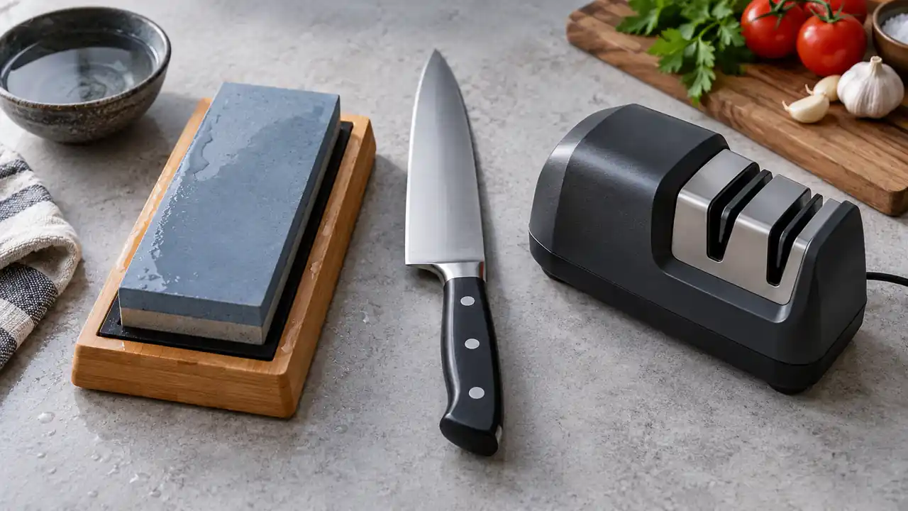 Water stone and electric knife sharpener arranged for a sharpening-method comparison.